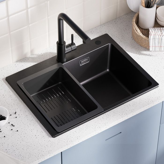 60x45CM Évier de Cuisine en Granit - Évier 1 Bac Noir avec Panier égouttoir - pour Armoire de 60 cm