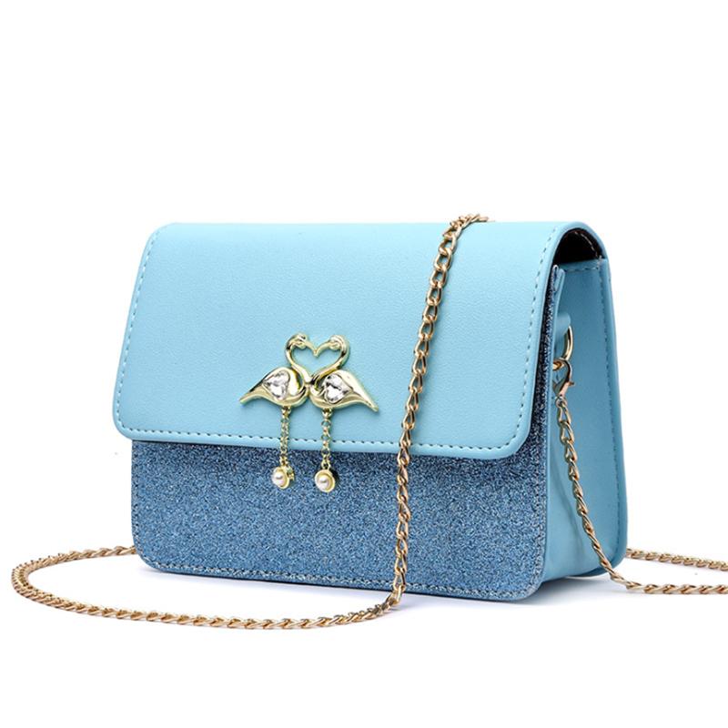 Sacs bandoulière tendance pour femmes, color block, paillettes, cristal brillant, chaîne en métal, décor cygne.
