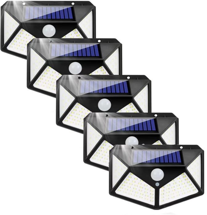 Paquete de 5 luces solares exteriores con sensor de movimiento, focos LED, luces de pared para jardín, resistentes al agua IP65, 3 modos.