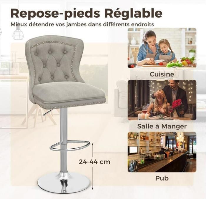 Tabourets de Bar Lot de 2 - RELAX4LIFE - Réglable en Hauteur 67-87CM- Pivotant à 360° - Chaise en Velours - Pied en Métal - Gris