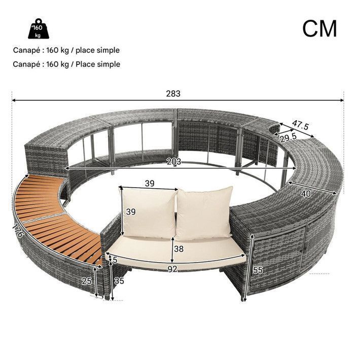 Salon de jardin exterieur Pool Surround PE Rattan et bois d'acacia pour jacuzzis et piscines avec pieds réglables, tapis