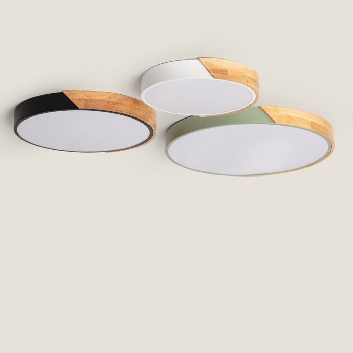 Runde LED-Deckenleuchte, Holzoptik, 36 W, wählbare Farbtemperatur, Semi-Dari-Finish, Ø 500 mm, Schwarz