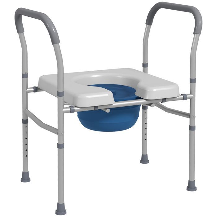 Siège de toilette percé - HOMCOM - 4 en 1 multifonction réglable rembourré avec poignée 136 kg - acier - gris