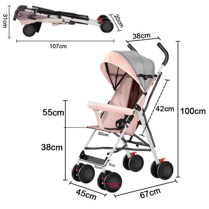 Passeggino XUANYU - Passeggino compatto - Per bambini dalla nascita fino a 6 mesi - Con parapioggia + ruote in EVA - Rosa