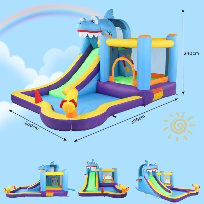 Zona de juegos hinchable LALAHO - Castillo con soplador, piscina y tobogán, para niños de 3 a 10 años, capacidad de carga de 135 kg, 380 x 260 x 240 cm