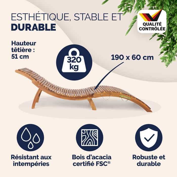 CASARIA® Chaise longue in legno di acacia certificato FSC®, pieghevole, ergonomica, regolabile, chaise longue da giardino in legno stile valigia