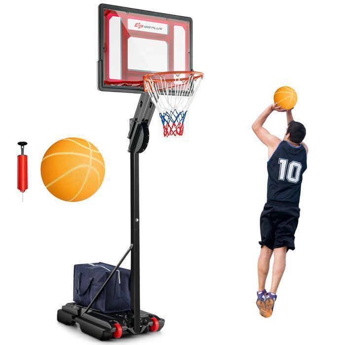 Aro de baloncesto independiente COSTWAY, altura ajustable de 105 a 260 cm, tablero de 82 cm, 2 ruedas, base rellenable de 35 L, balón y bomba incluidos.