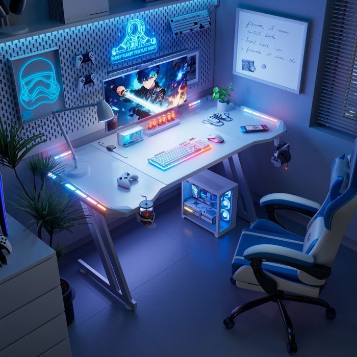 Scrivania da gaming - HLONONE - 140 x 60 cm - Resistente ai graffi - Ergonomica - LED bianchi