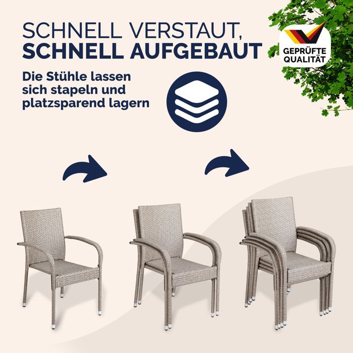 CASARIA® Juego de 4 sillas de jardín apilables de ratán sintético color crema con reposabrazos redondeados, sillas de exterior para patio o balcón.