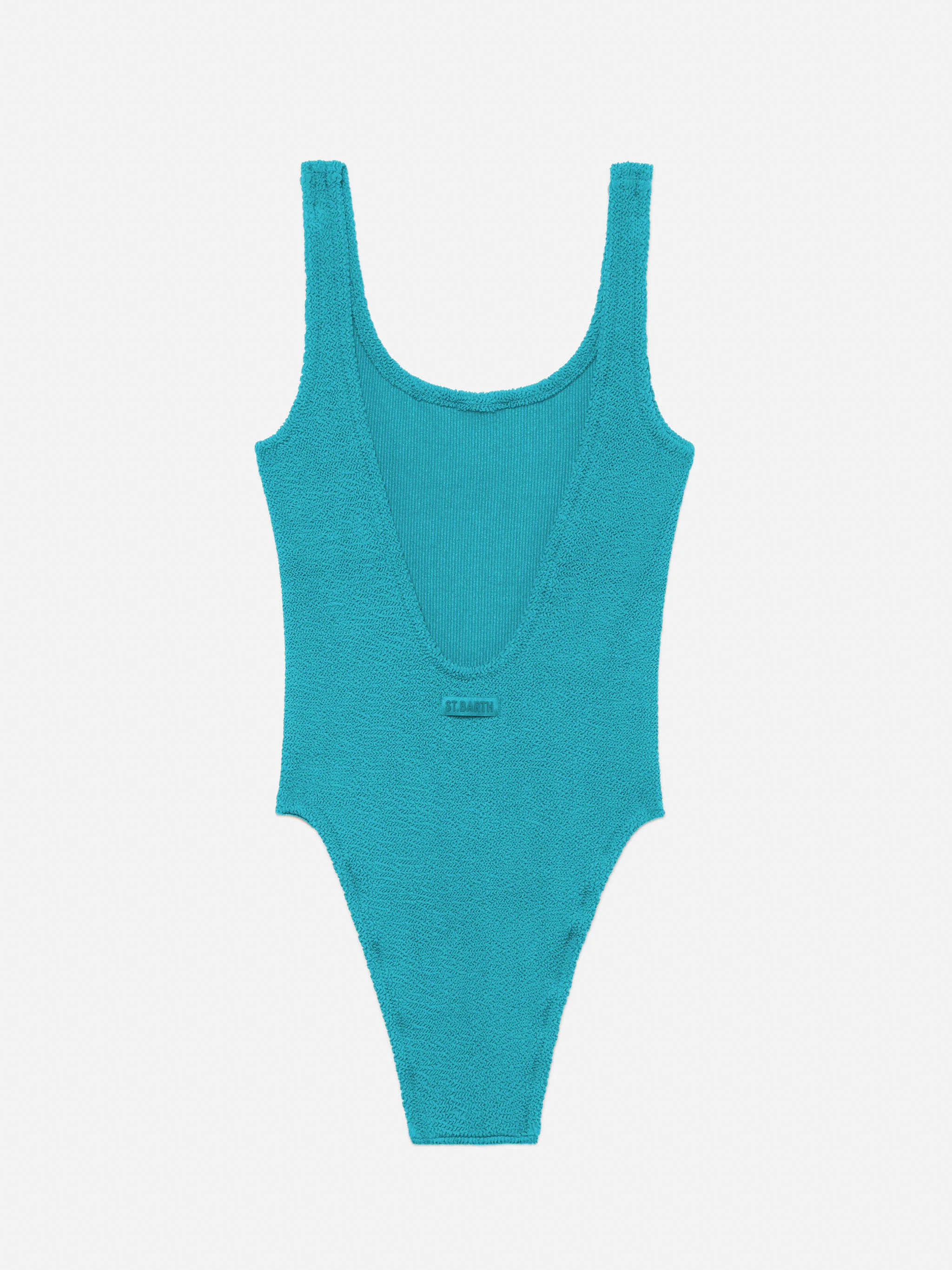 Lora damesbadpak uit één stuk in turquoise Lurex Crinkle.