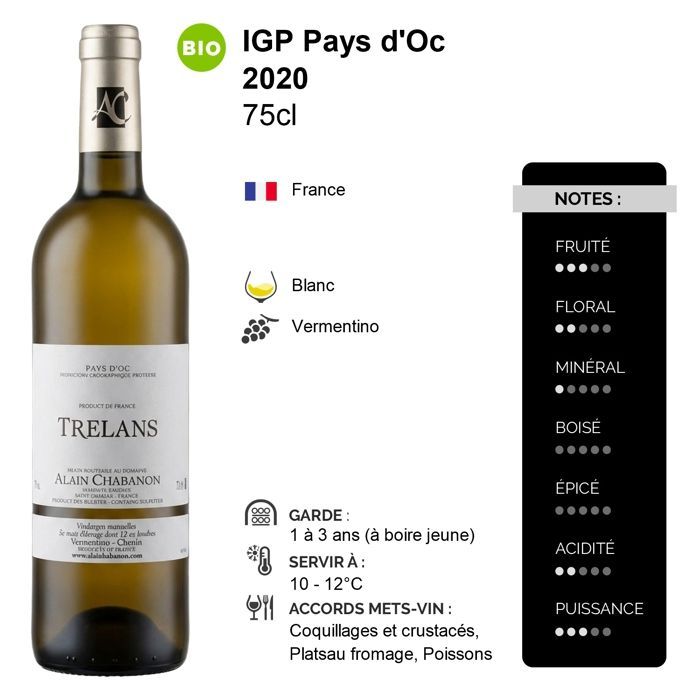 Domaine Alain Chabanon Trélans 2020 - Pays d'Oc - White Wine from Languedoc-Roussillon (3 x 75cl) Organic