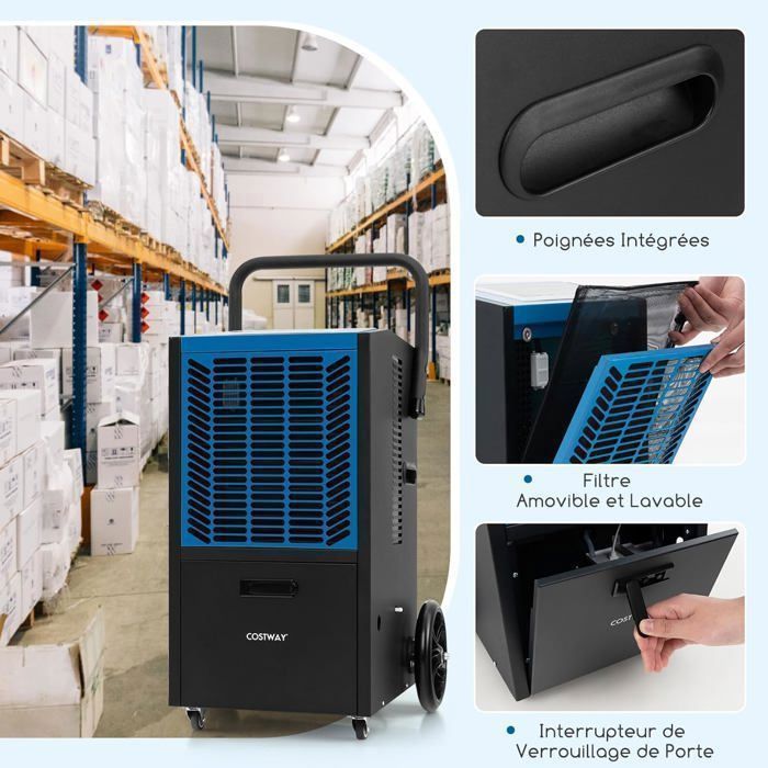 Deshumidificador profesional COSTWAY 66 L/día - Hasta 418 m² - 2 velocidades de ventilador - Temporizador de 24 horas - Bomba - Manguera de desagüe - Azul