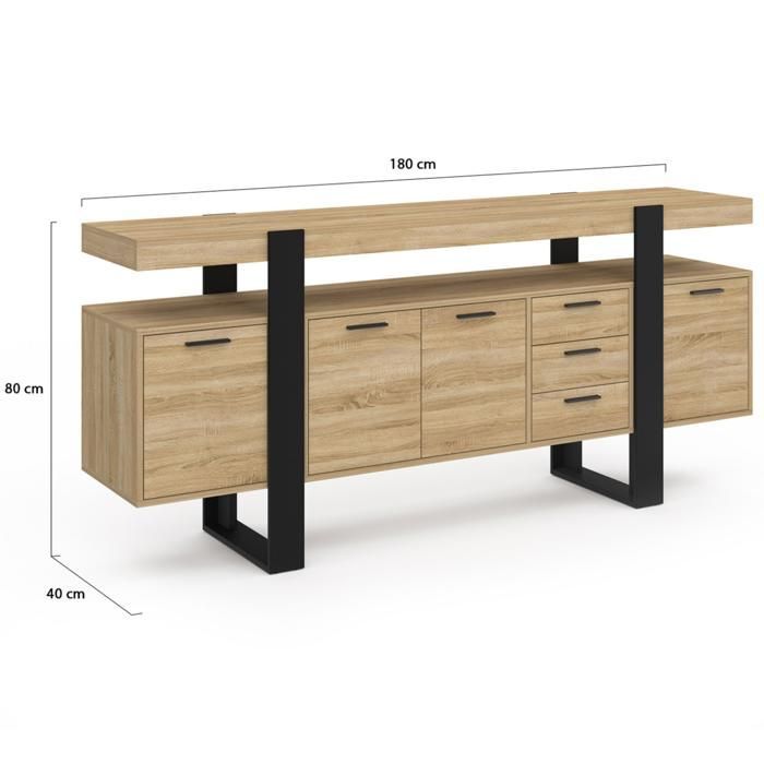 IDMARKET 180 cm PHOENIX XXL dressoir met 4 deuren en 3 lades, hout en zwart