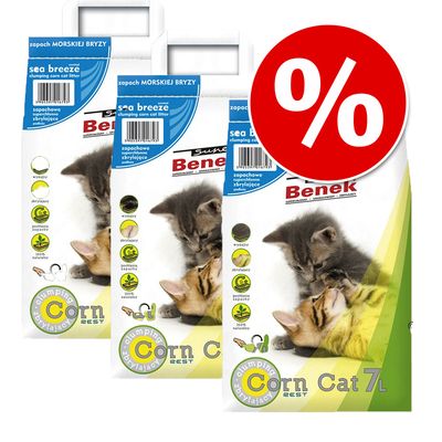 Arena aglomerante para gatos Super Benek Corn, paquetes económicos de 3 x 7 litros.