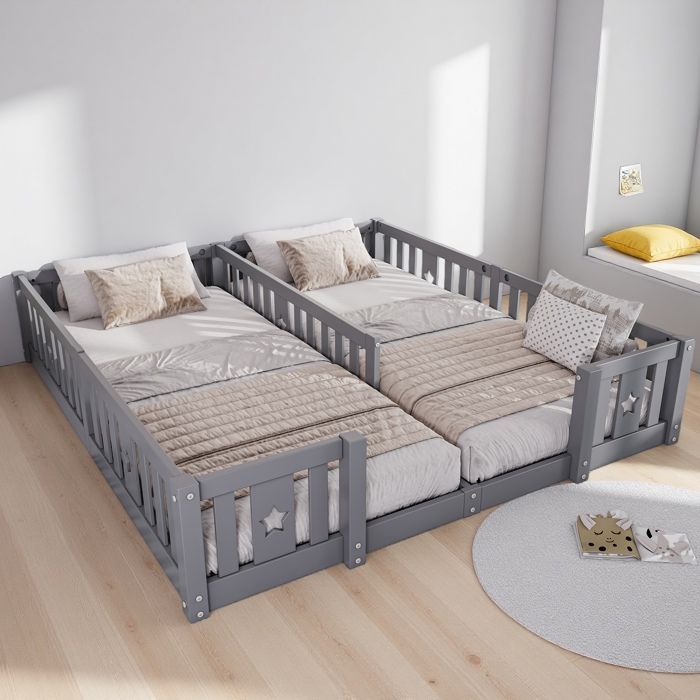 Lit enfant,Lit de Sol 90 x 200 cm,Montessori en Bois de pin Massif,Peut accueillir 2 enfants,Protection Anti-Chute snas Matelas,gris