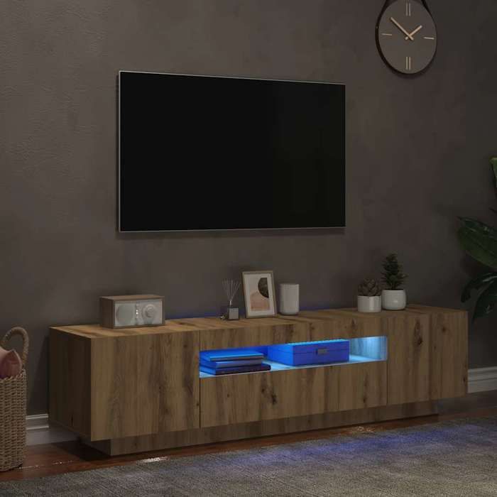 Mueble para TV ÚNICO con luces LED LMT - Mueble para TV de madera de roble de ingeniería hecho a mano cozy489578