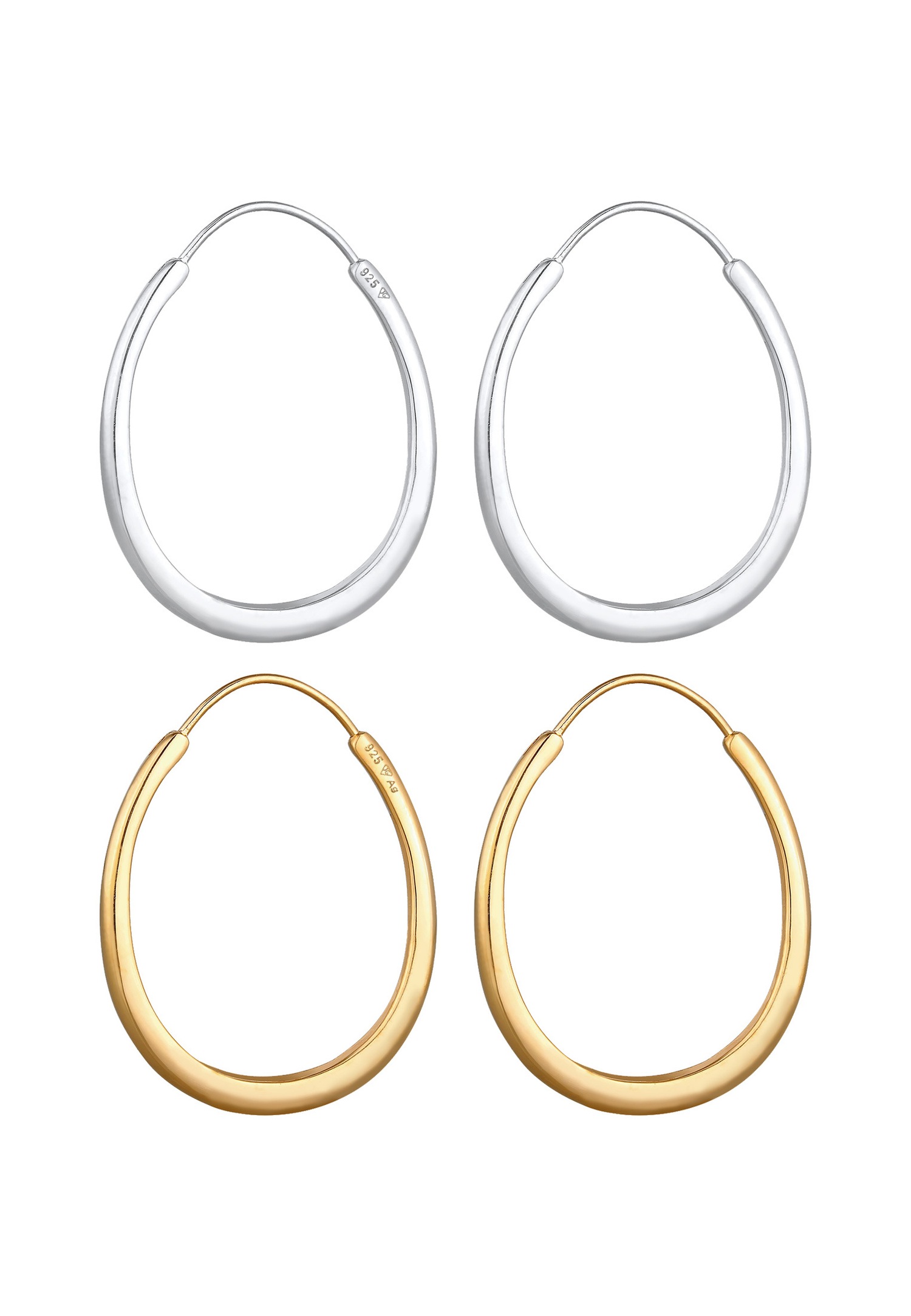Elli Femmes Créoles Ovale Géo Bicolore Lot de 2 en Argent Sterling 925 Plaqué Or