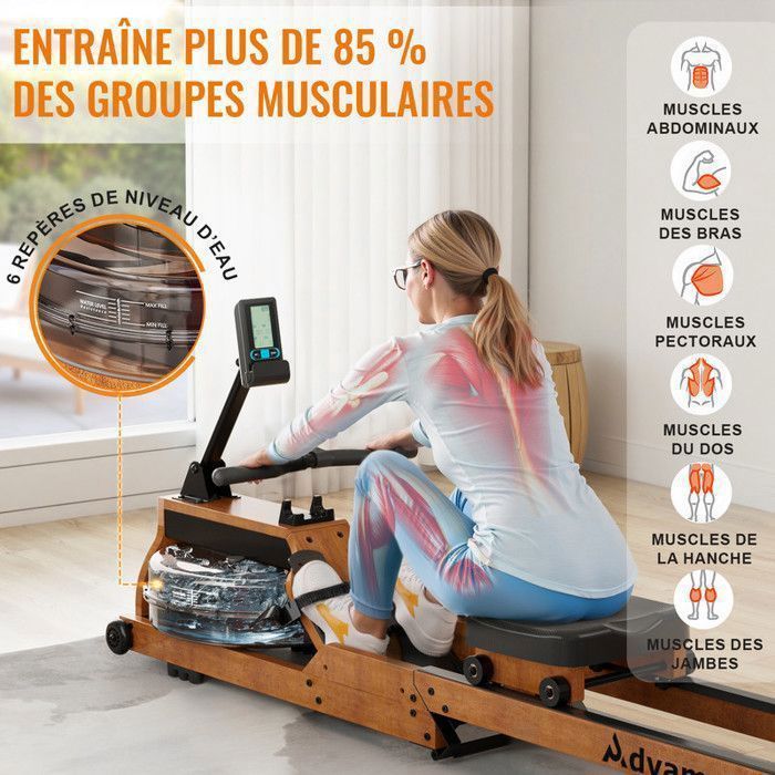 Vogatore ad acqua pieghevole - ADVAMSOLER - HCQ-51-A - Serbatoio da 15 litri - Kinomap Bluetooth - Legno massello di quercia