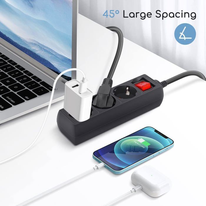 Multiprise 3 Prises avec Interrupteur Parasurtenseur Parafoudre câble 3 m Noir 3680w
