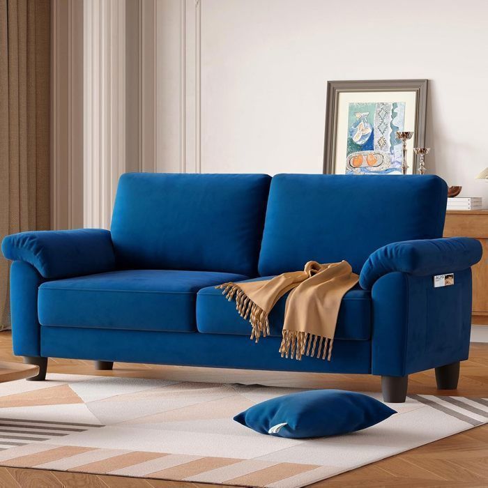 Sofá de 2 plazas de terciopelo azul para salón, espacios pequeños, dormitorio, estilo contemporáneo, sillón escandinavo con 2 cojines, 178x76x87cm