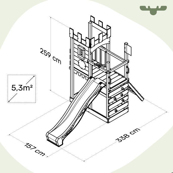 Tour de jeux bois FATMOOSE BoldBaron Boost XXL avec toboggan 220 cm vert sauge et mur d’escalade – 10 ans de garantie*