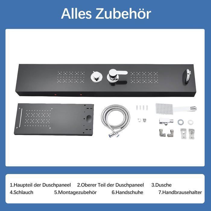 Coluna de Chuveiro com Hidromassagem em LED Preto, 4 Funções: Chuveiro de Teto com LED, 2 Jatos de Massagem