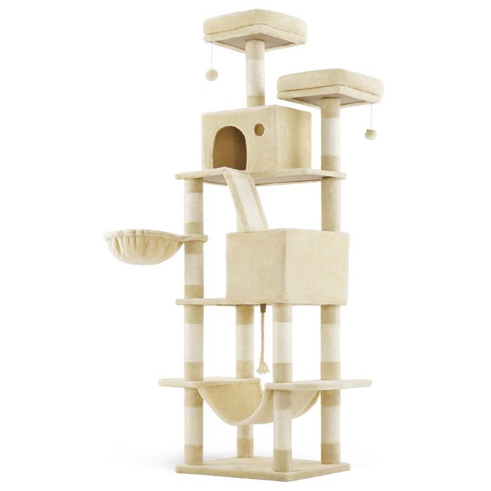 Cat Tree, 203.5 cm High, with 13 Scratching Posts, 2 Platforms, 2 Caves, Basket, Multi-Level Indoor Cat Tree, Beige