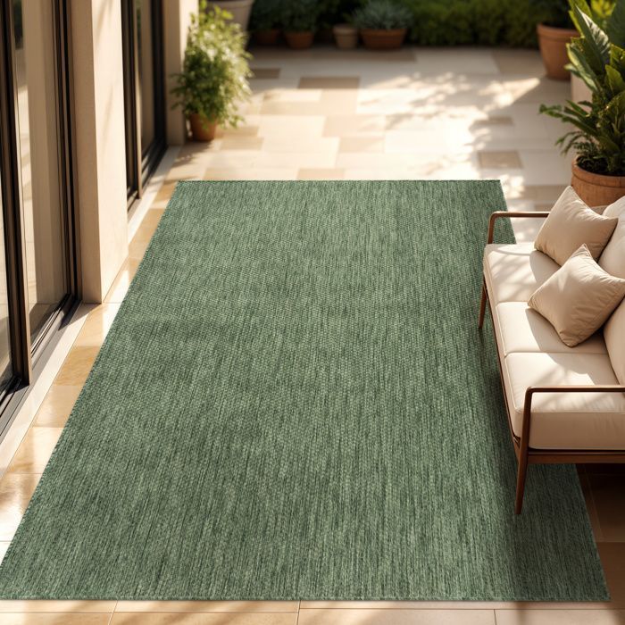 Alfombra de exterior Paco Home para balcón, terraza o cocina, lisa con estampado moteado verde, 120x160 cm.