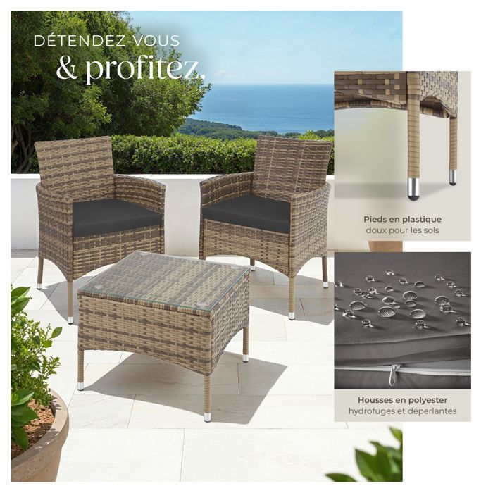 Muebles de jardín - TECTAKE - Conjunto de salón de exterior LUCERNE para 2 personas con mesa y 2 fundas - Marrón natural
