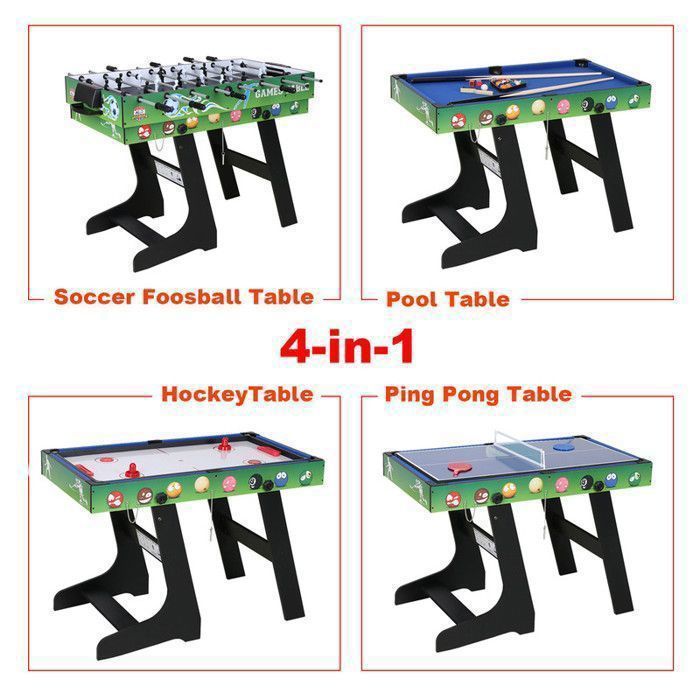 Mesa de jogos dobrável de 1,20 m - Mesa de jogos infantil 4 em 1 - Pebolim, Bilhar, Tênis de mesa e Hóquei - Jogos interativos para pais e filhos