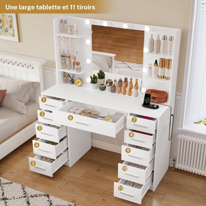 Coiffeuse avec miroir avec station de recharge, 10 ampoules LED, Coiffeuse avec 11 tiroirs, 4 étagères, 107*40*140cm, blanc