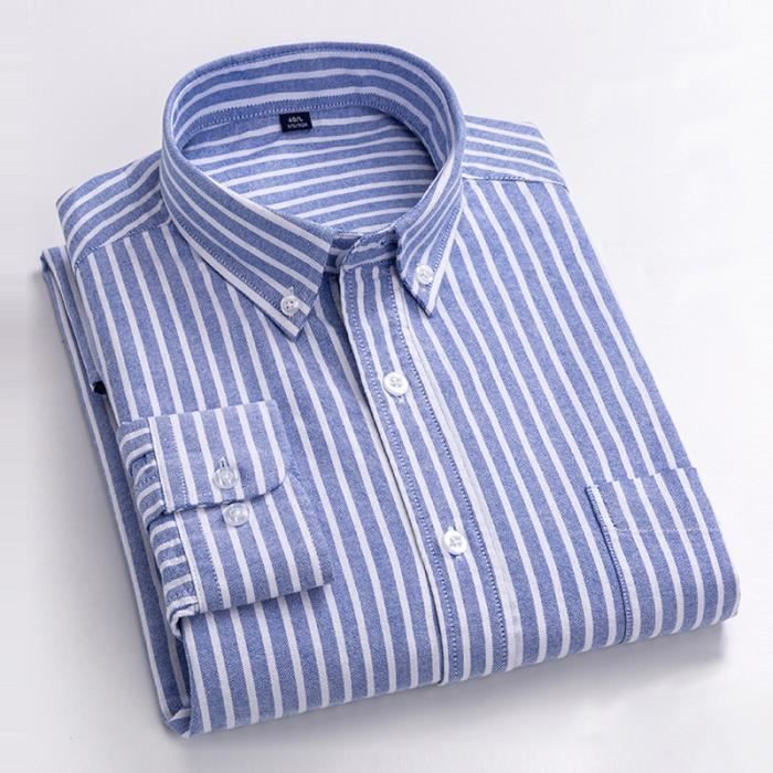 Camisa Oxford de algodón a rayas para hombre, manga larga, cuello abotonado, tejido cómodo - Azul y blanco