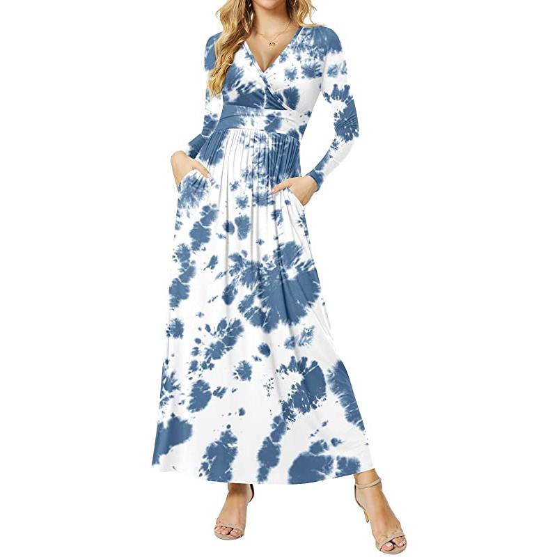 Robe longue décontractée à manches courtes et décolleté en V profond pour femme, robe maxi plissée à taille haute