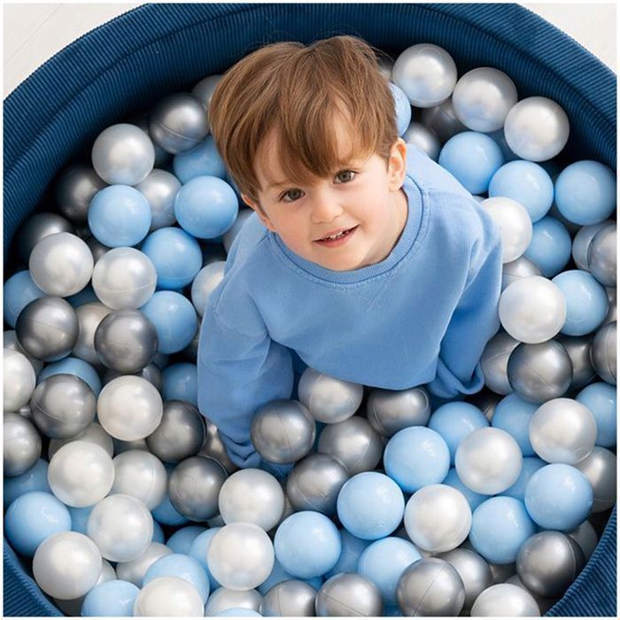 MISIOO Bolas de plástico de colores para piscina de bolas para bebés y niños, 6 cm, 150 bolas: Azul/Plata/Blanco perla