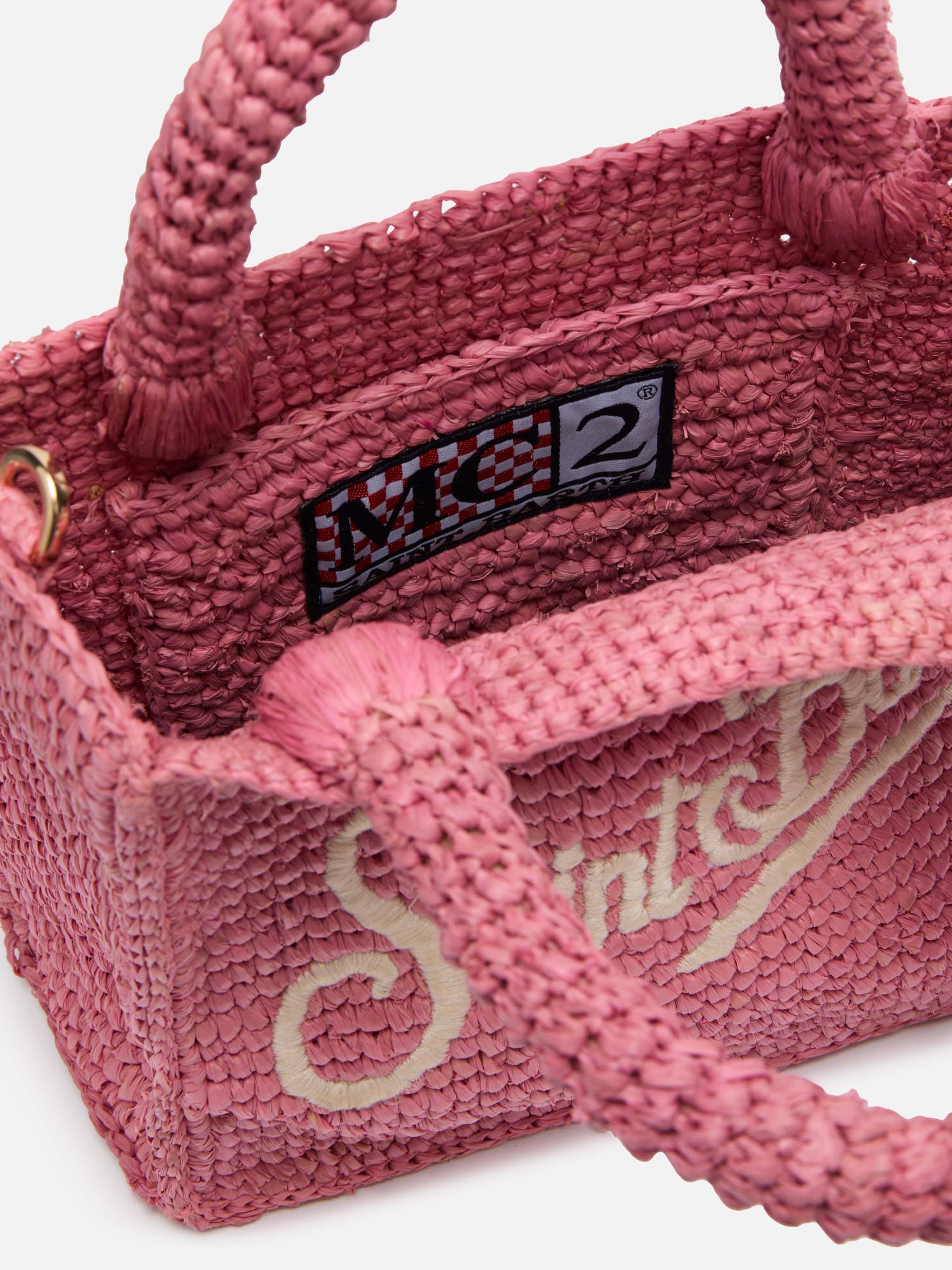 Mini-Kosmetiktasche aus rosa Bast mit Saint-Barth-Stickerei