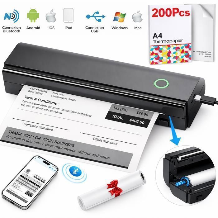 Thermodrucker mit 215 Blatt A4-Papier, Bluetooth-fähig, kompatibel mit PC/Mac/iOS/Android, 203 dpi, tragbarer Drucker