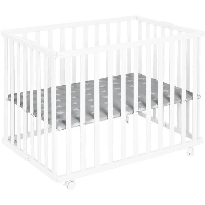 Parque infantil plegable ROBA - LITTLE STARS - 75 x 100 cm - Altura regulable - 4 ruedas con freno - Madera lacada en blanco - Estampado de estrellas