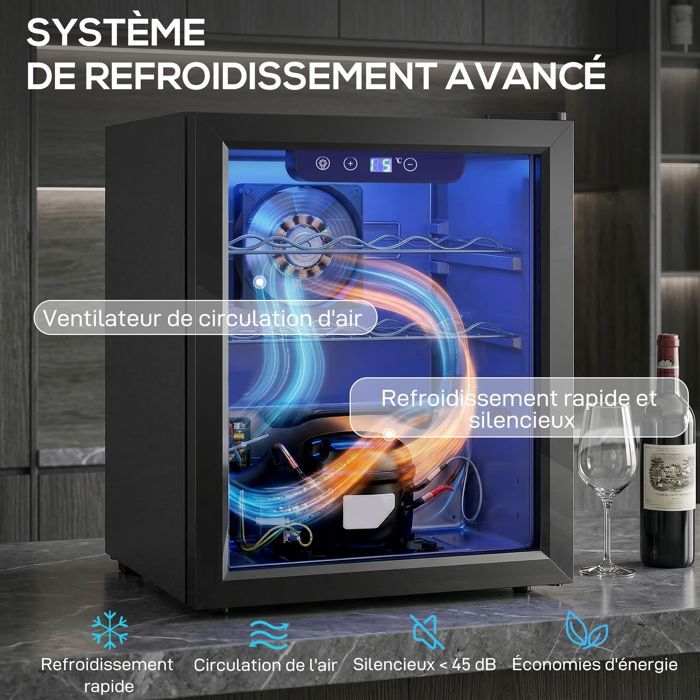 Wine cellar - HOMCOM - 16 bottles - adjustable temperature 4-16 °C, reversible door - steel and tempered glass - 43x41.5x57.5cm - black