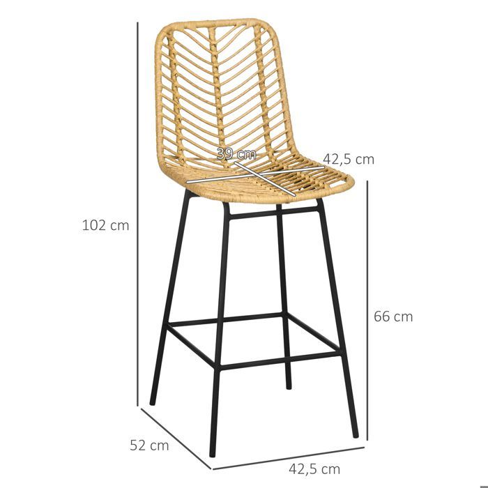 Juego de 4 taburetes de bar - HOMCOM - respaldo y reposapiés de mimbre - estructura de acero - 42,5 x 52 x 102 cm - amarillo