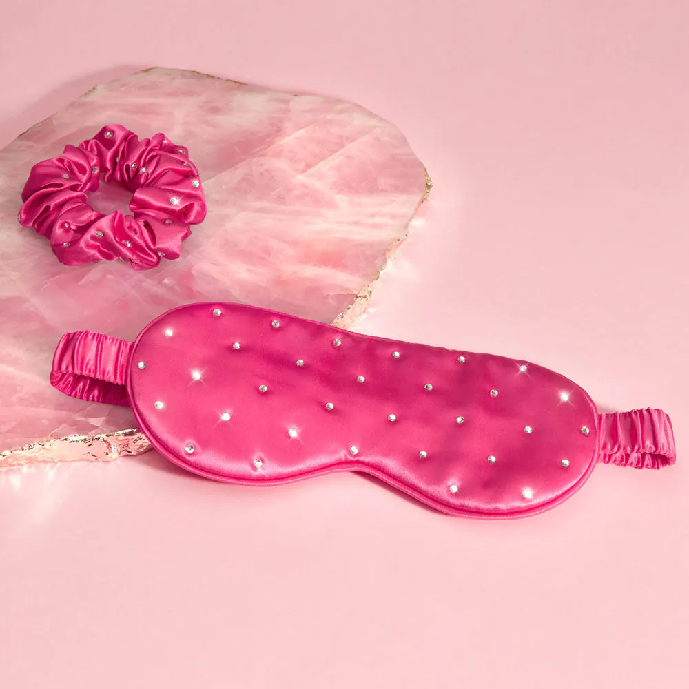Crystallove Opaska Na Oczy z Jedwabiu z Kryształkami Hot Pink