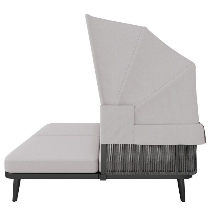 Chaise Longue Salon jardin 2 pers  transat bain soleil store rétractable acier galvanisé coussins 10cm corde tressée gris