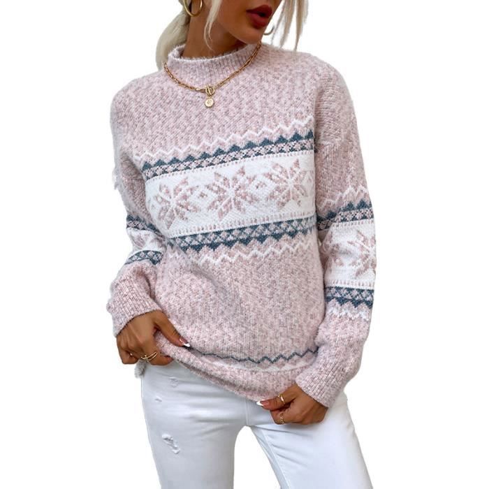 Suéter de mujer, suéter navideño de mujer, suéter de punto con cuello redondo estampado, suéter cálido de mujer - Rosa