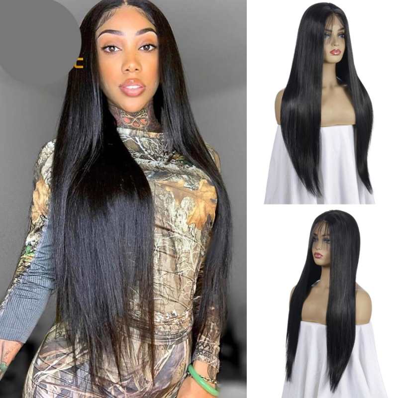 Parrucche sintetiche nere 13*5*1 con riga a T e baby hair, lisce, senza colla, con frontale in pizzo e pre-sfoltito per donna
