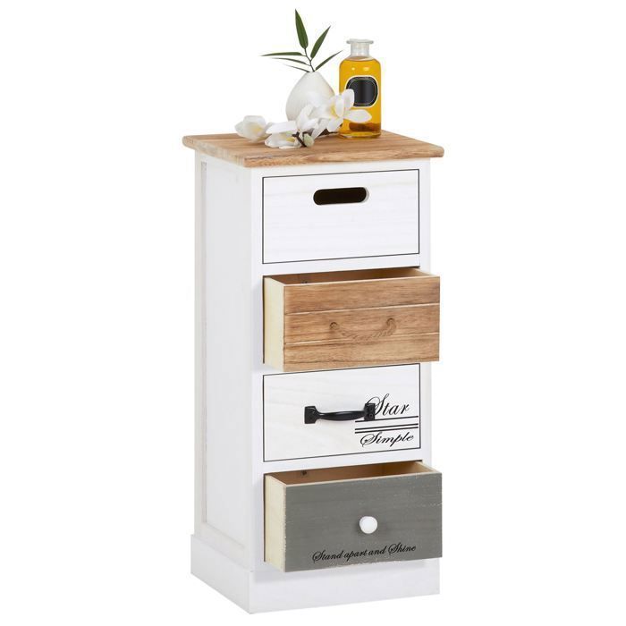 SALVA chest of drawers, 63 cm high, in solid wood, white, grey and brown, 4 drawers, small tall storage unit