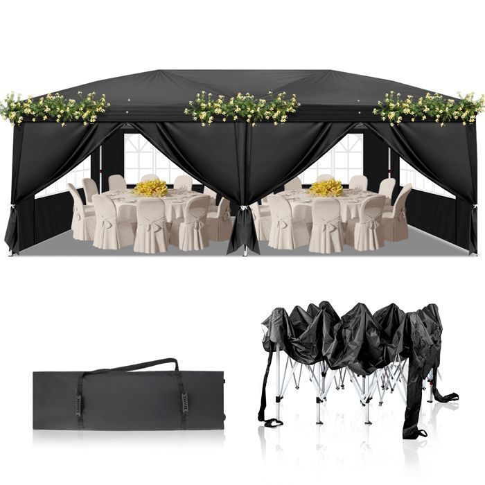 Cenador de jardín, cenador plegable de 3x6 m con 6 paneles laterales, carpa plegable para fiestas, color negro.