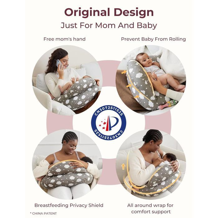 Coussin d'Allaitement avec Bord de Sécurité - Housse 100% Coton Amovible - Sangle Réglable pour Bébé et Maman