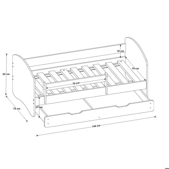 Cama infantil/para bebé de 140x70 cm + cajón - ACMA - Blanca - Madera - Barandilla de seguridad - Colchón de espuma