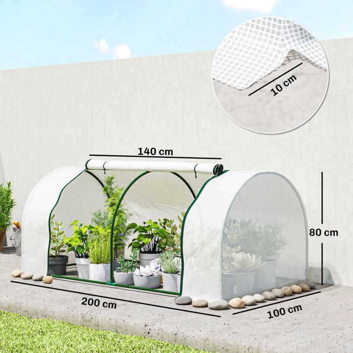 Invernadero de jardín - Outsunny - puerta enrollable con cremallera y cordón - 2 x 1 x 0,8 m - cubierta de PE blanca con ribete de acero verde