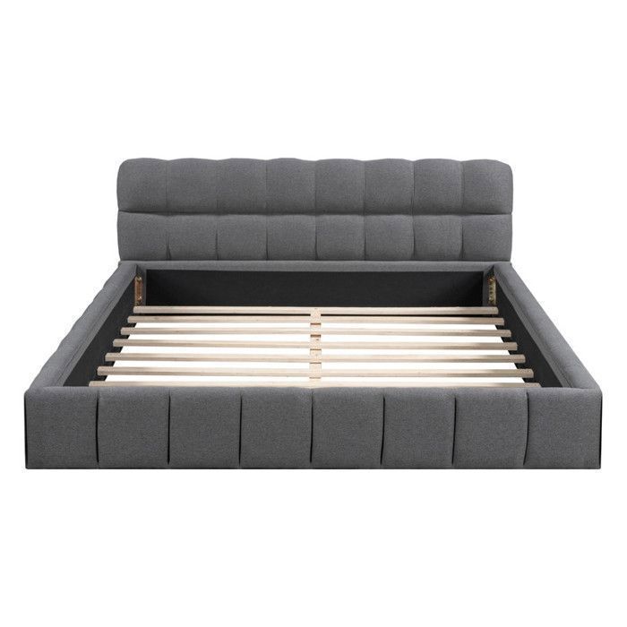 Lit 140 x 190 avec tête de lit et sommier, lit double Rembourré lit au sol, cadre de lit 140x190 avec sommier, lin, gris