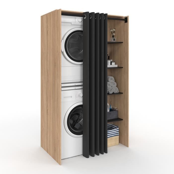 IDMARKET Meuble de buanderie double machine à laver avec rideau coulissant WALLIS hêtre et noir